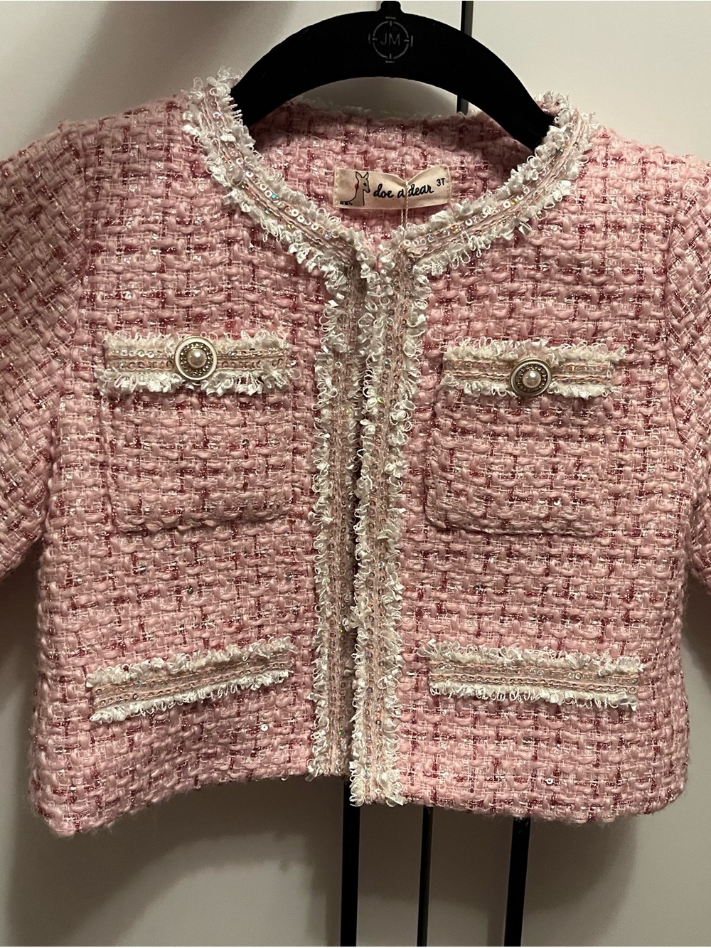 Doe a Dear Girls' Pink Tweed Cropped Jacket with Pearl Buttons